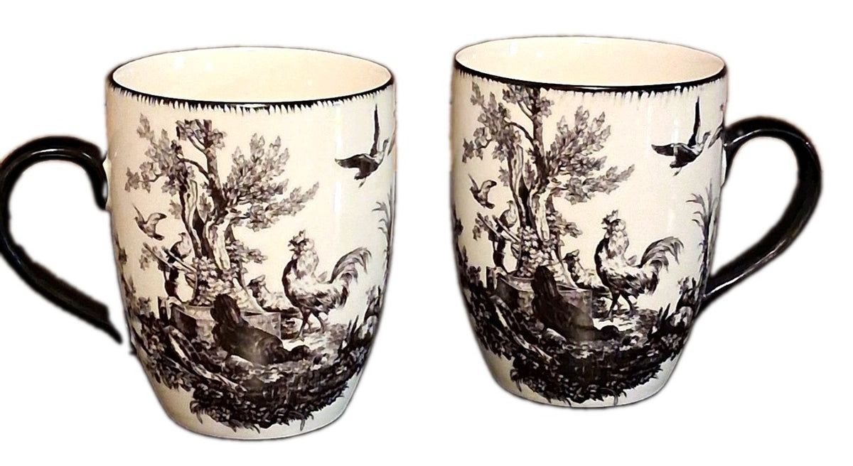 Ceramic mugs with black and white Toile de Jouy pattern by Aux Au Provence