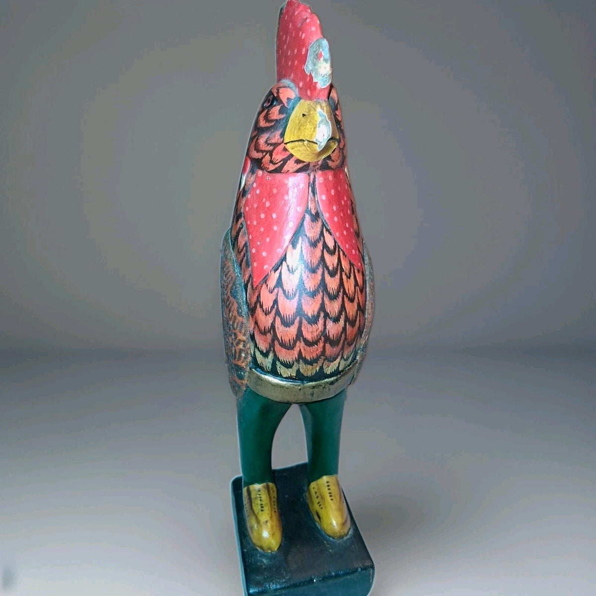 Handcarved wooden rooster figurine with batik-style painted decoration by Sejati
