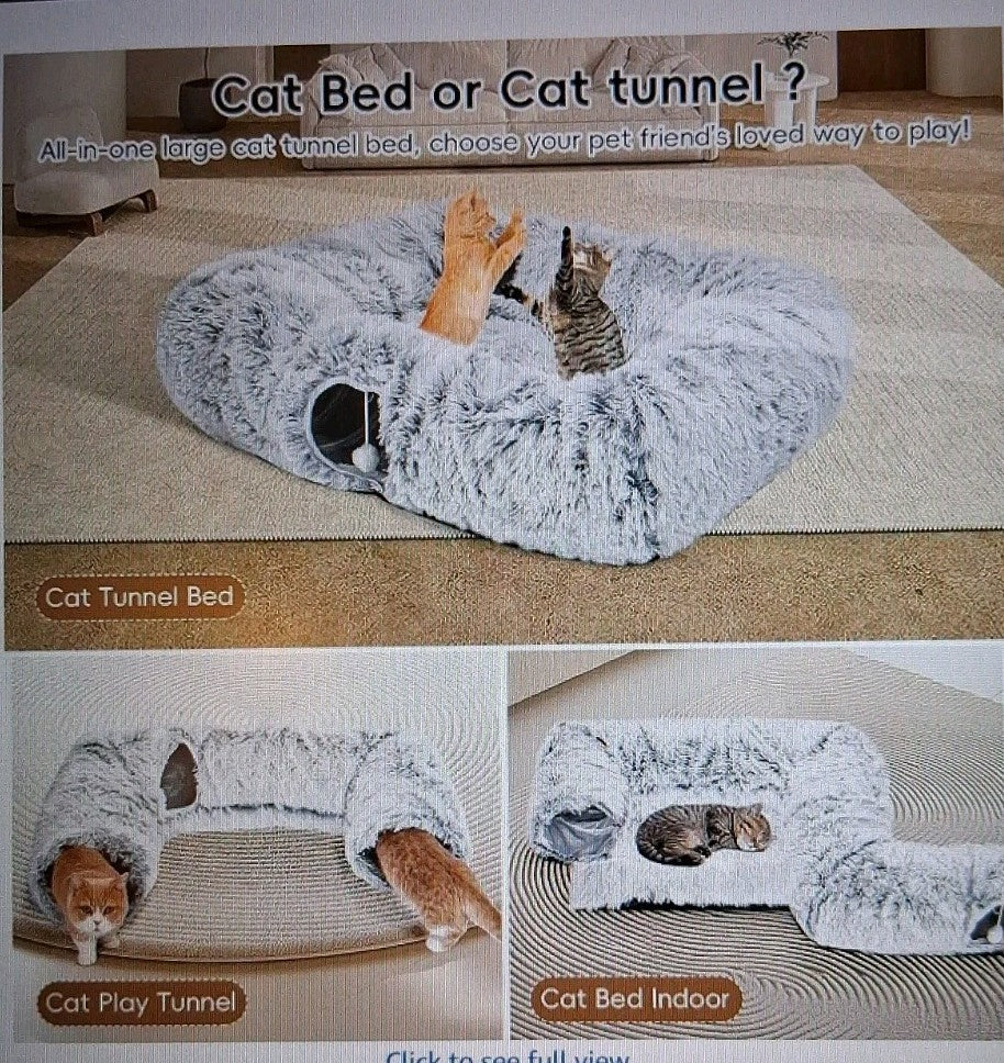 4 Way Cat Tunnel W/ Bed Cats Soft Plush Peekaboo Hideaway