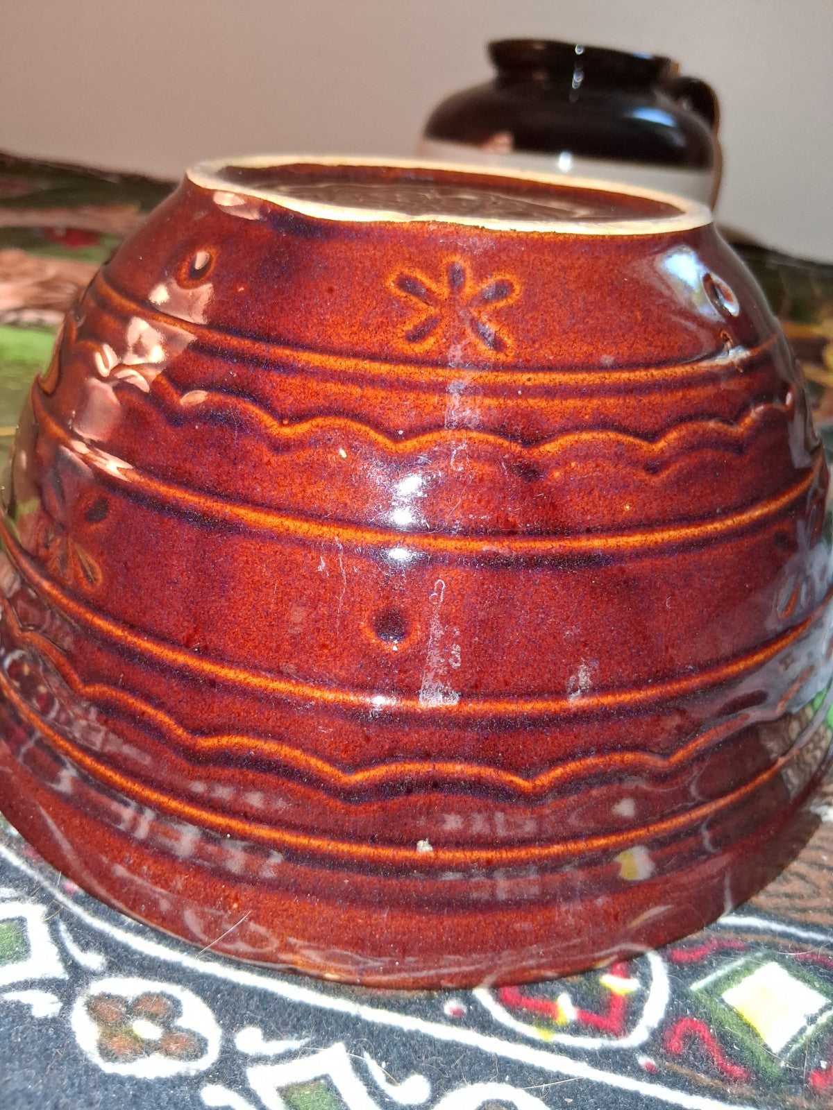 Vintage Brown Stoneware Large Mixing Bowl Marcrest Daisy Dot