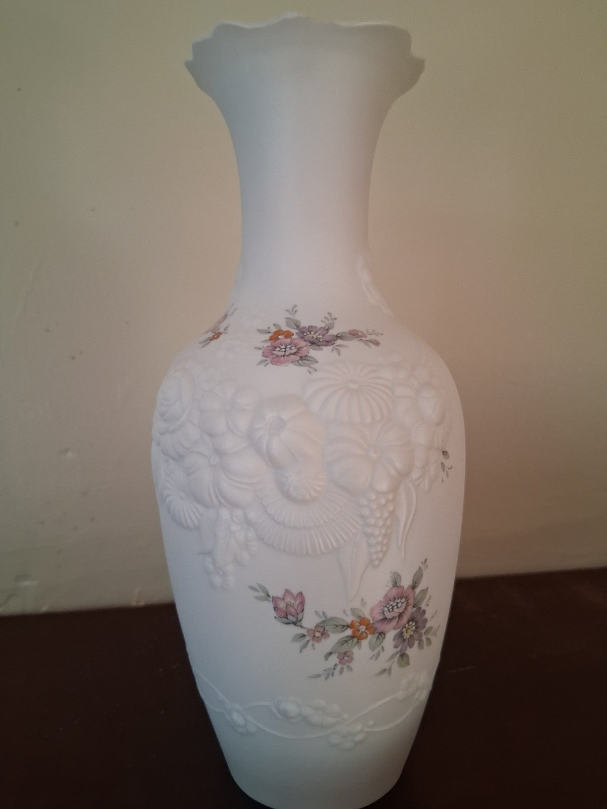 Porcelain bisque vase with raised floral decor  by M. Frey for Kaiser, W Germany