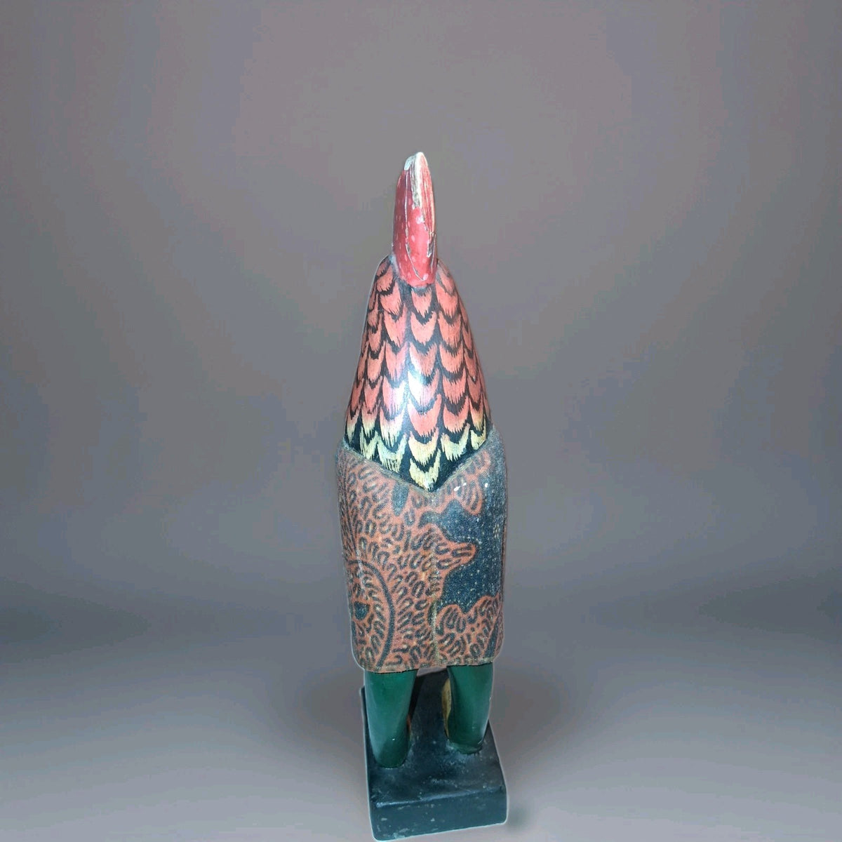 Handcarved wooden rooster figurine with batik-style painted decoration by Sejati