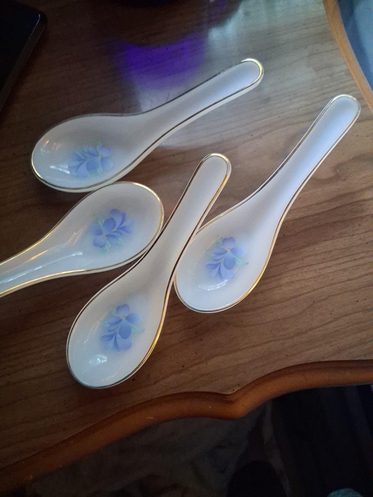 Chinese Soup Spoons Porcelain Gold Trim Floral Design Set of 4
