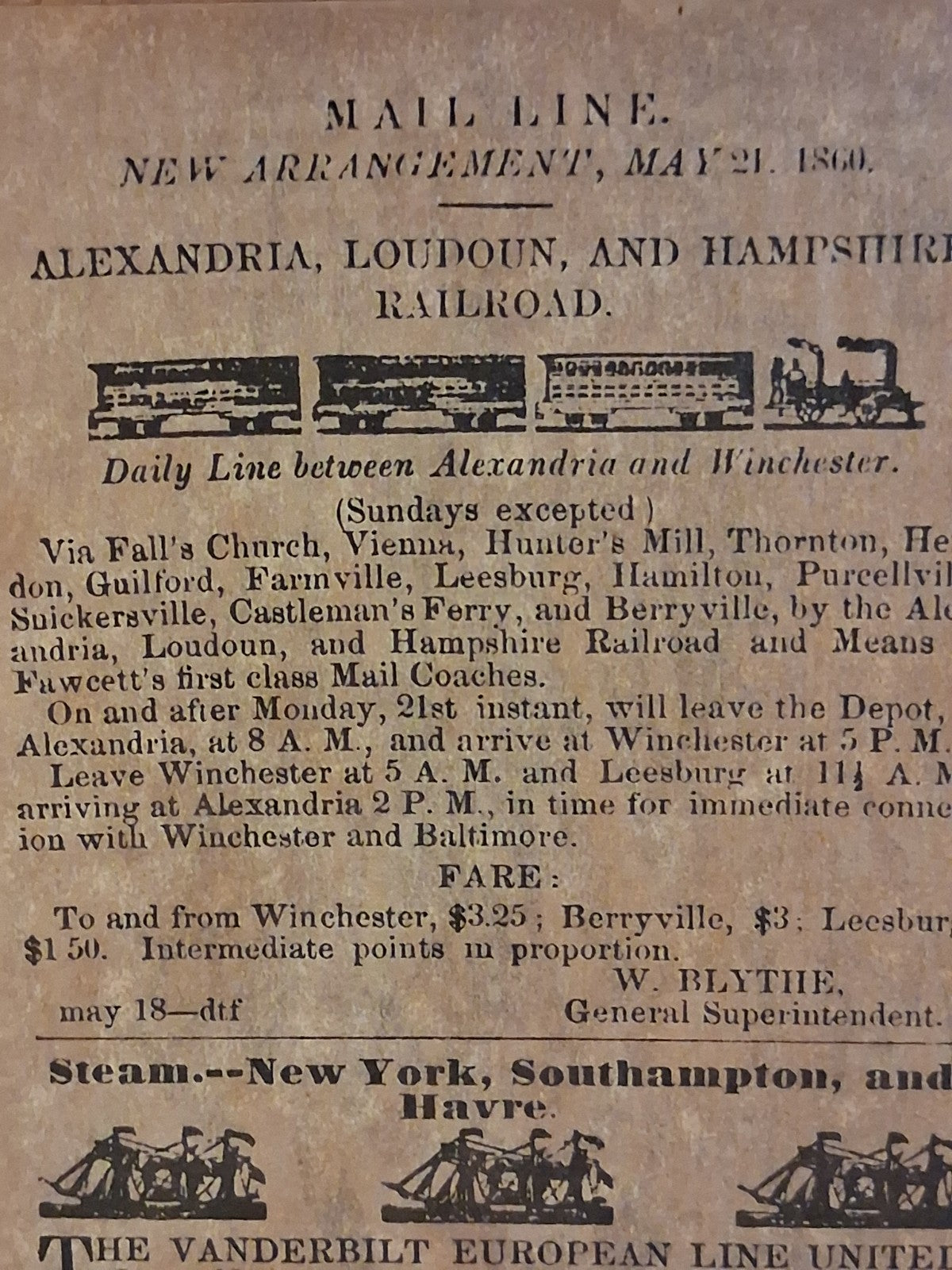 Alexandria Loudoun & Hampshire Railroad Wood Plaque DX4578 Falls Church VA