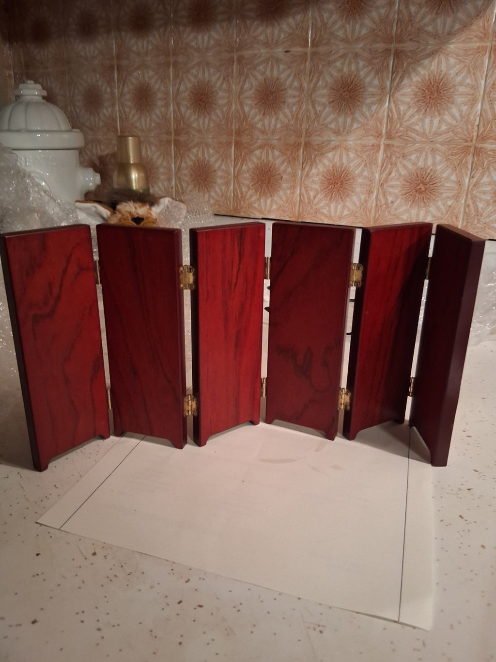  24K gold-plated miniature 6 panel folding screen with traditional Asian artwork