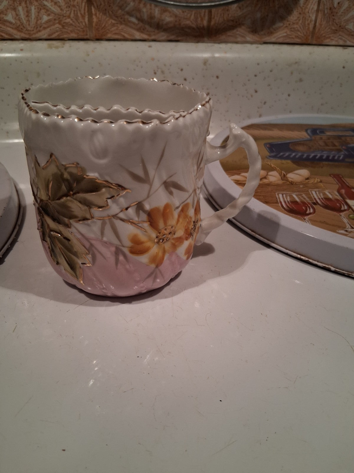 Antique Vintage Porcelain Mustache Cup Florals With Pink Border