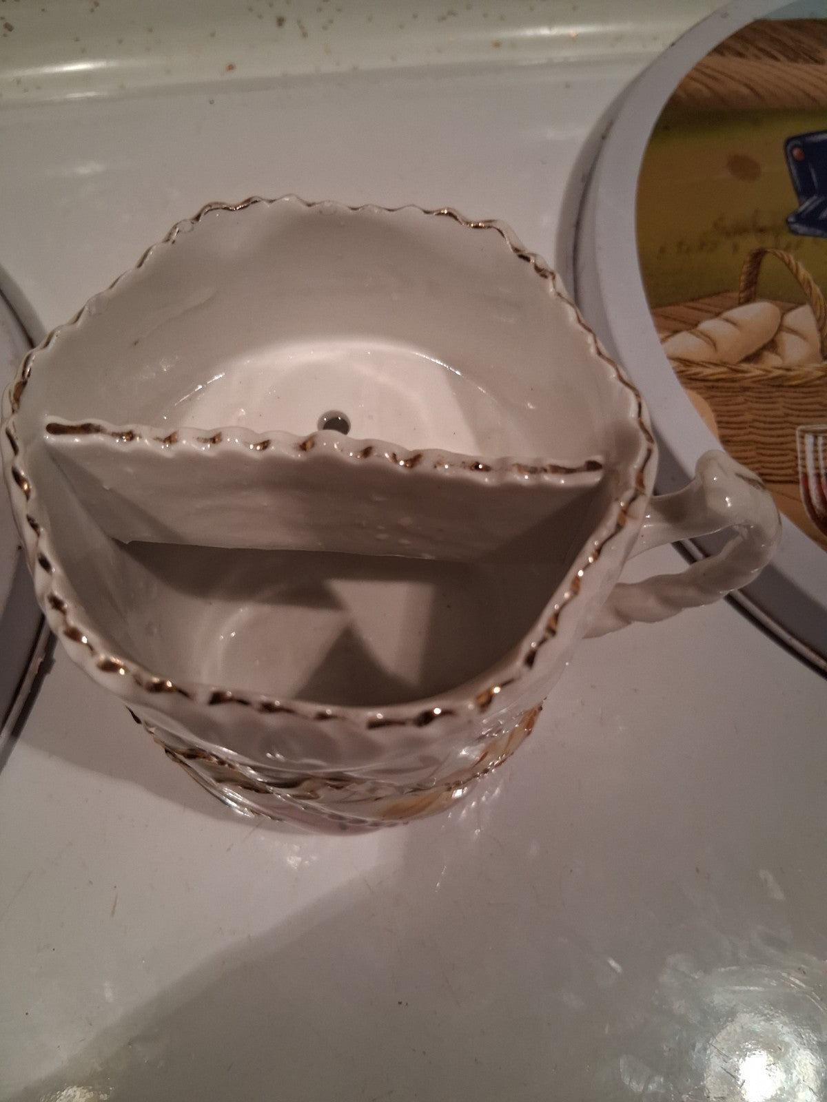 Antique Vintage Porcelain Mustache Cup Florals With Pink Border