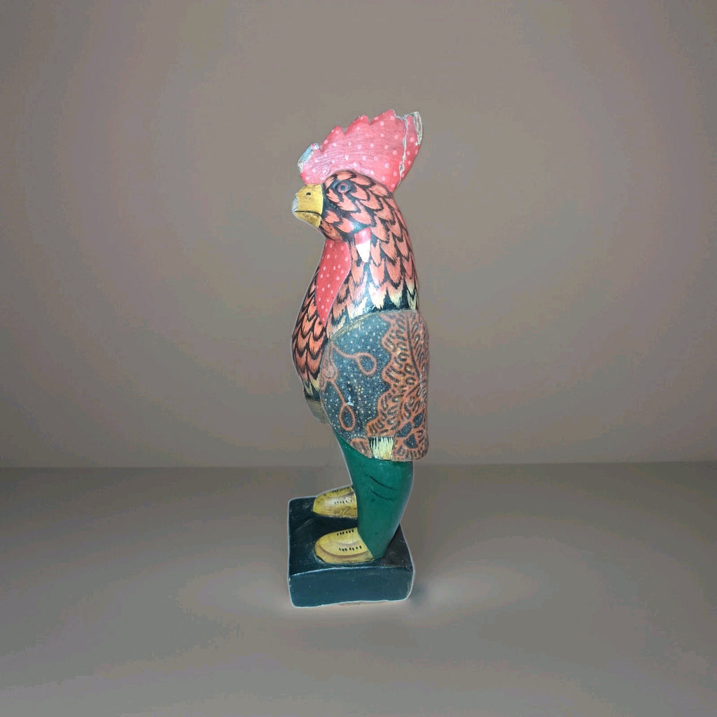 Handcarved wooden rooster figurine with batik-style painted decoration by Sejati