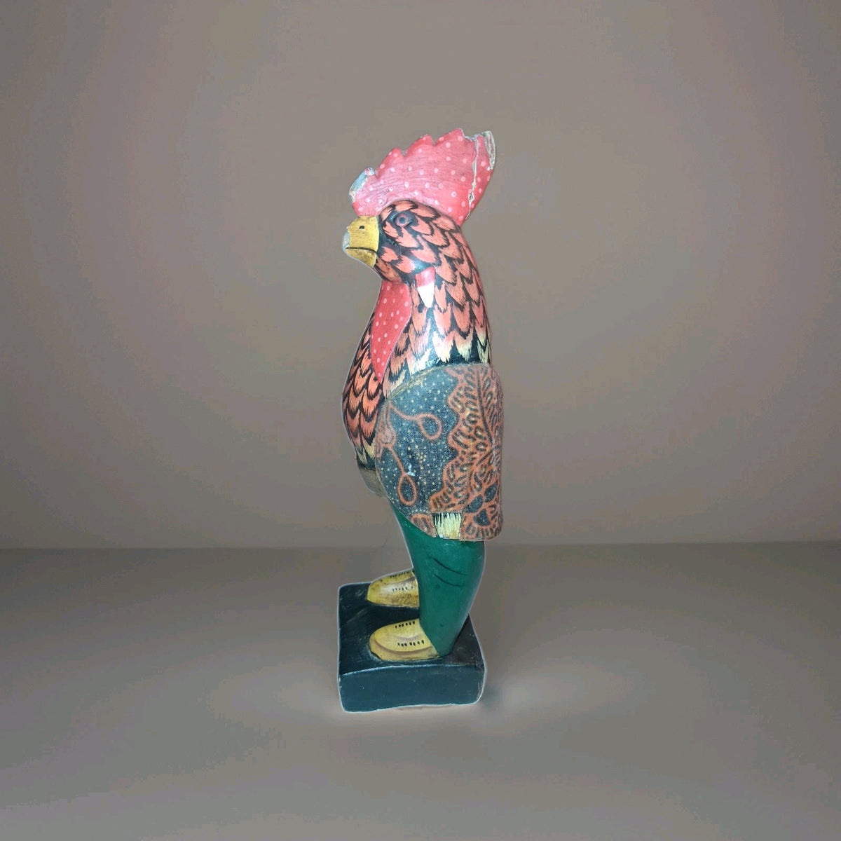 Handcarved wooden rooster figurine with batik-style painted decoration by Sejati