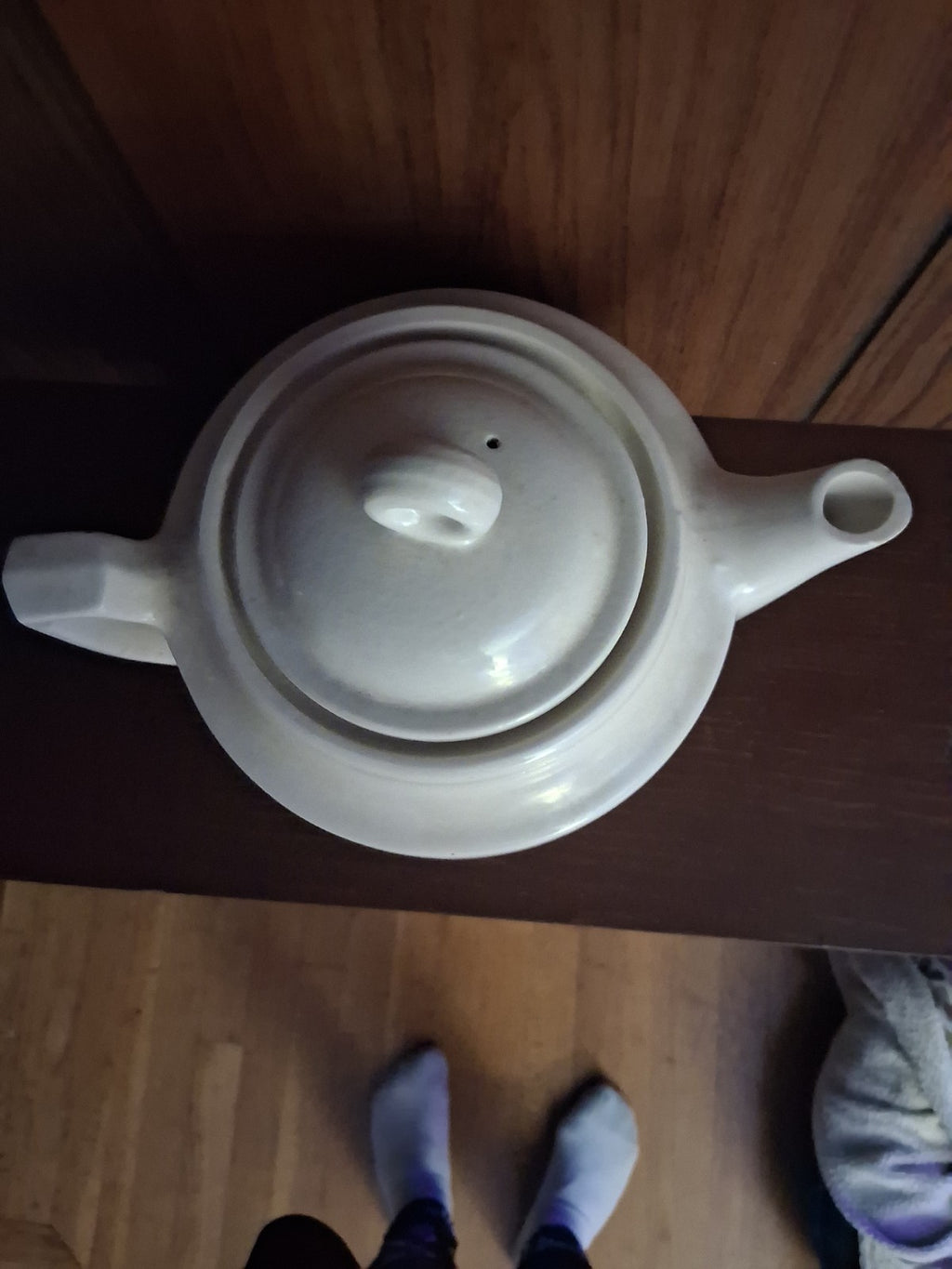 Vitreous china teapot with Colonial Hearth scene by Porcelier