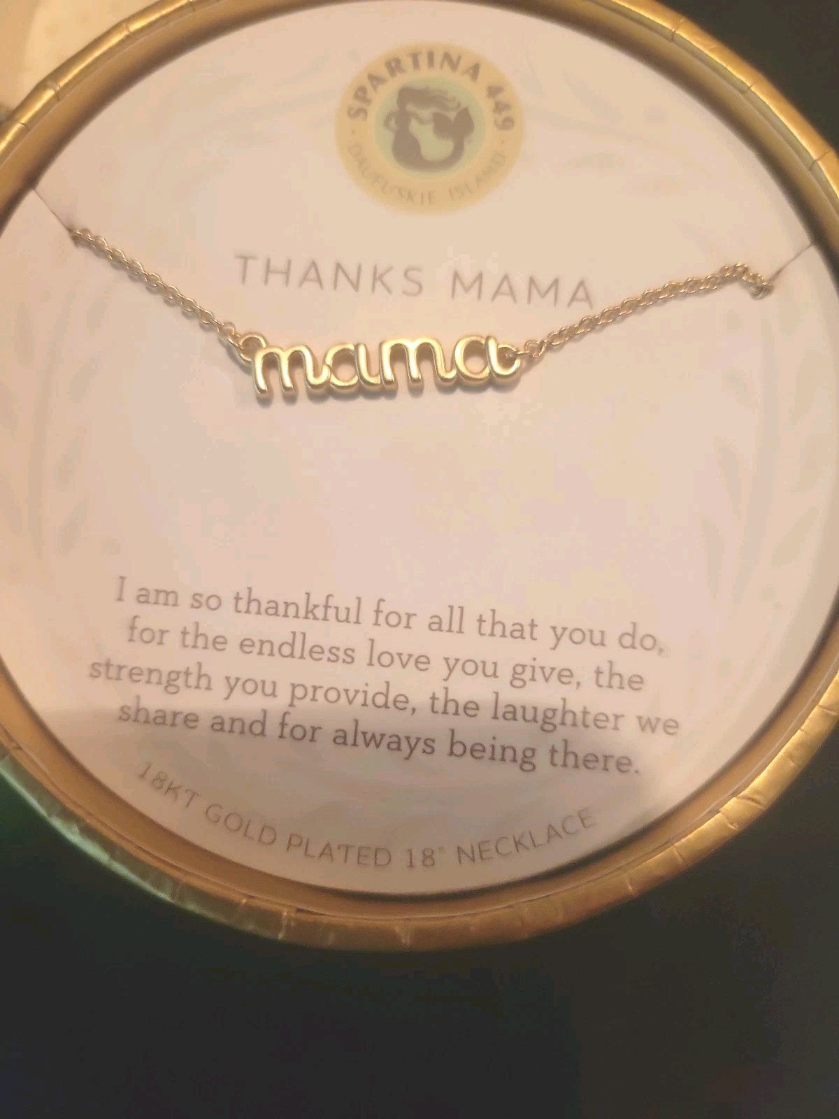 Gold-plated 18k necklace titled 'Thanks Mama/Script' by Spartina 449