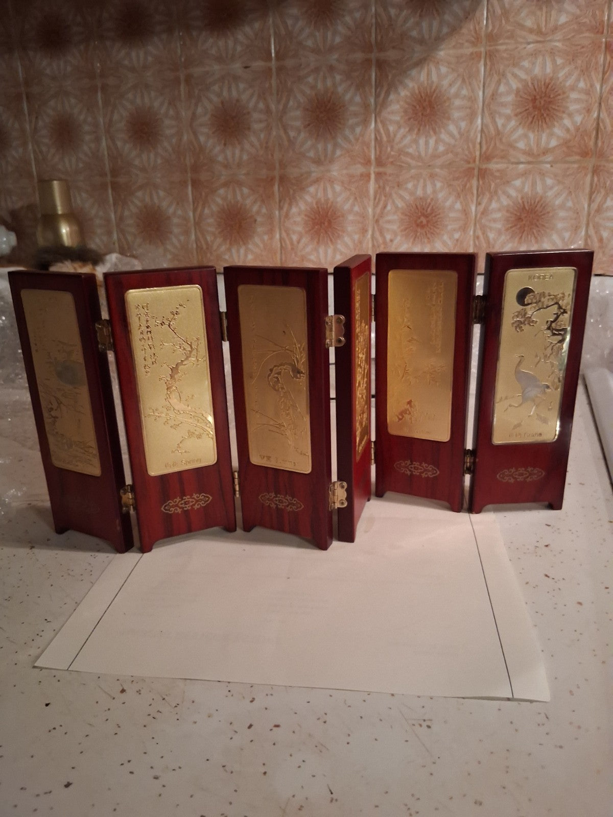 24K gold-plated miniature 6 panel folding screen with traditional Asian artwork