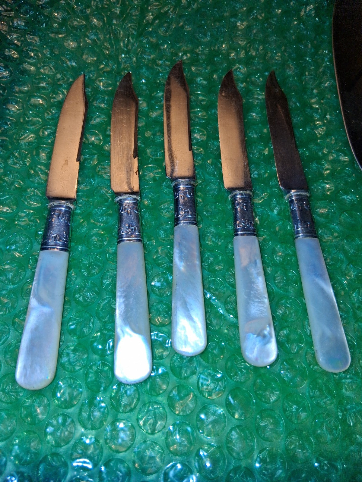 6-Pc Sterling silver dessert knives and cake server with mother-of-pearl handles