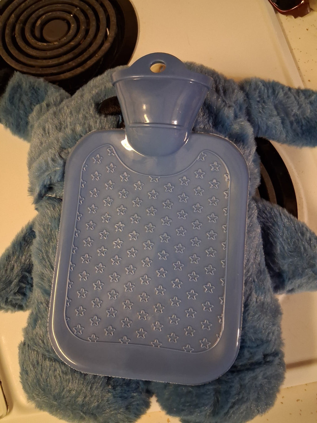 Blue Animal Hot Water Bottle & Faux Fur Cover Set, Plastic Bottle, Screw Lid