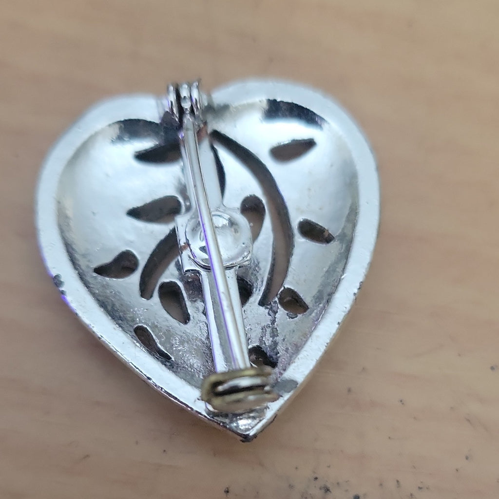 Silver Tone Heart Leaf Brooch Pin 