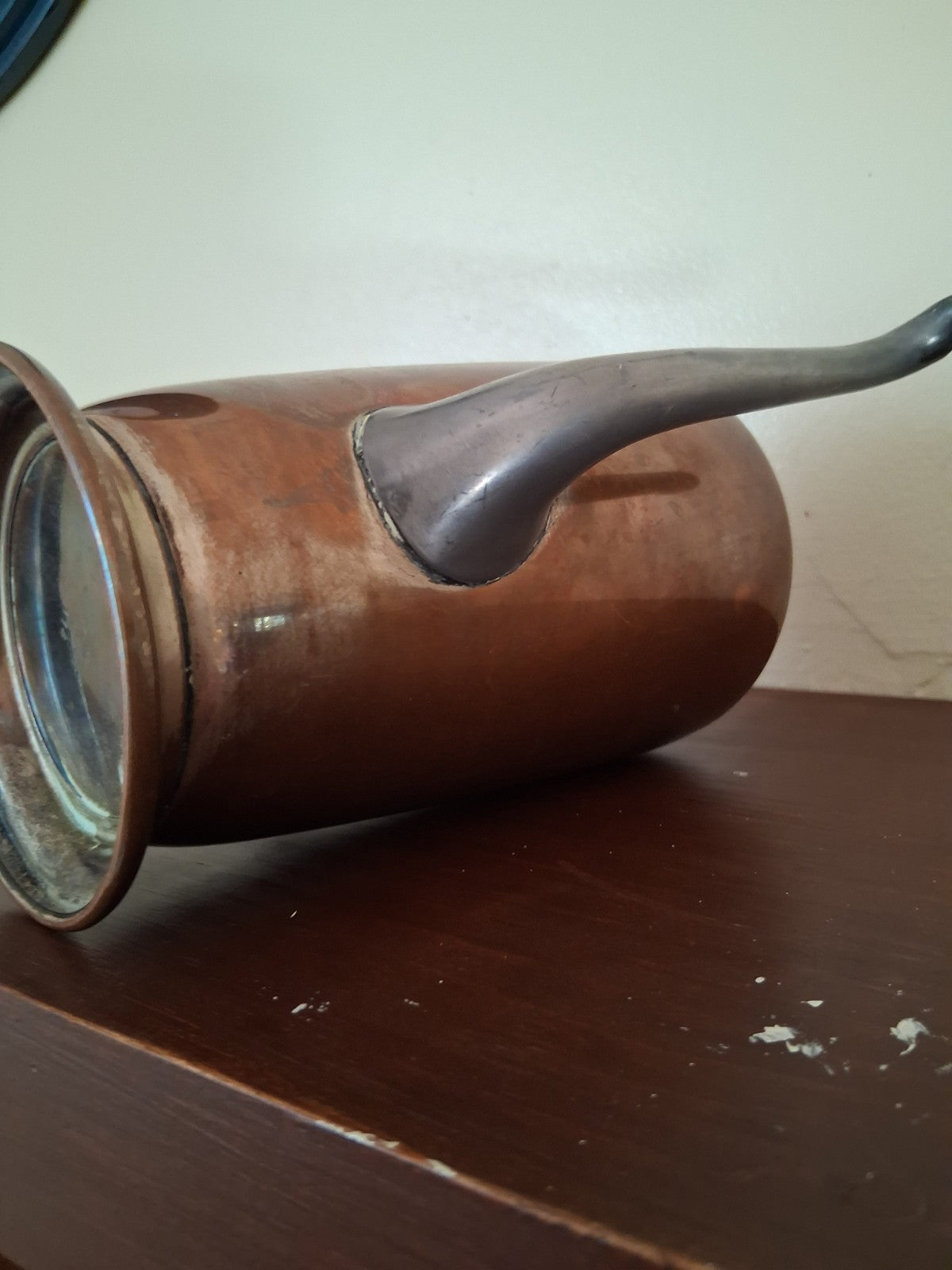 Copper coffee pot with ebonized wood handle and finial