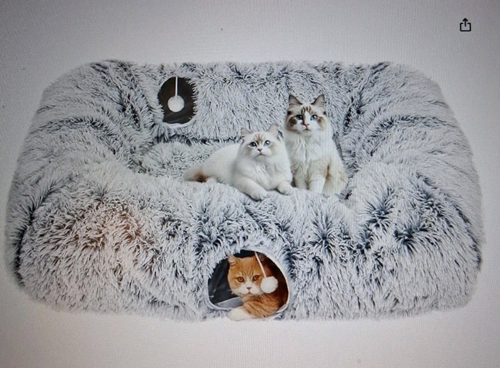 4 Way Cat Tunnel W/ Bed Cats Soft Plush Peekaboo Hideaway