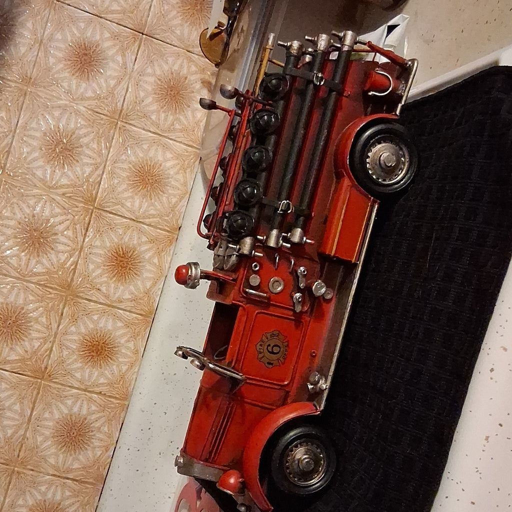 Vintage Metal Fire Truck Model Collectible w/ Ladders & Hose, Firefighting Theme