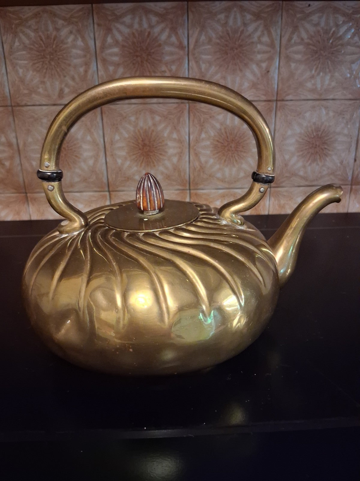 Antique 1900 Brass teapot with swirled design attributed to Gorham