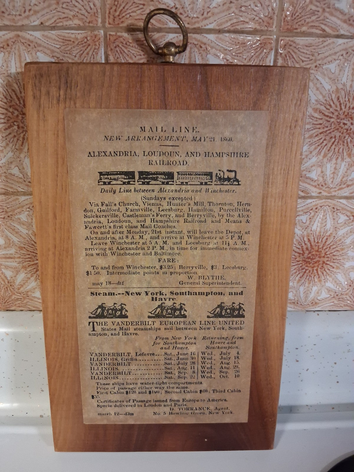 Alexandria Loudoun & Hampshire Railroad Wood Plaque DX4578 Falls Church VA