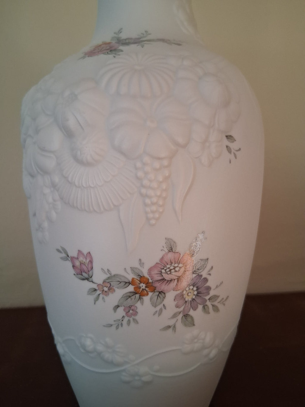 Porcelain bisque vase with raised floral decor  by M. Frey for Kaiser, W Germany