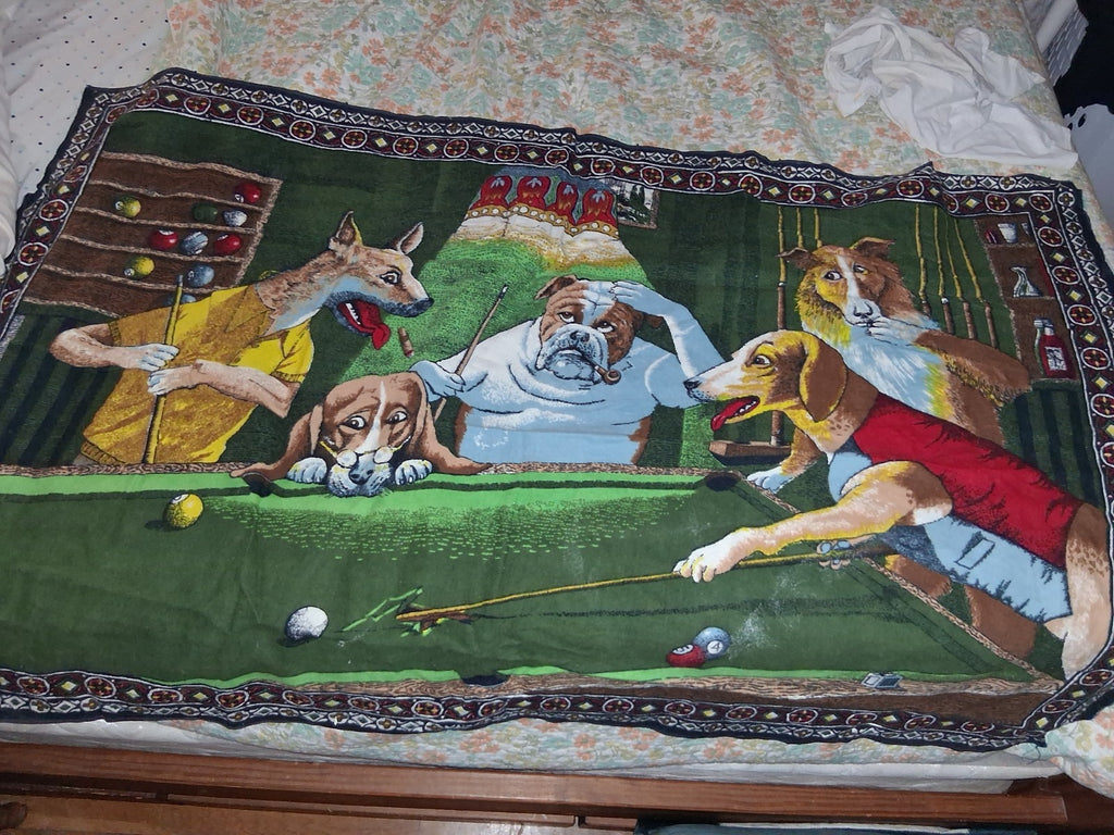 Vintage  Dogs Playing Pool Tapestry Large 55”x34”  Made in Turkey