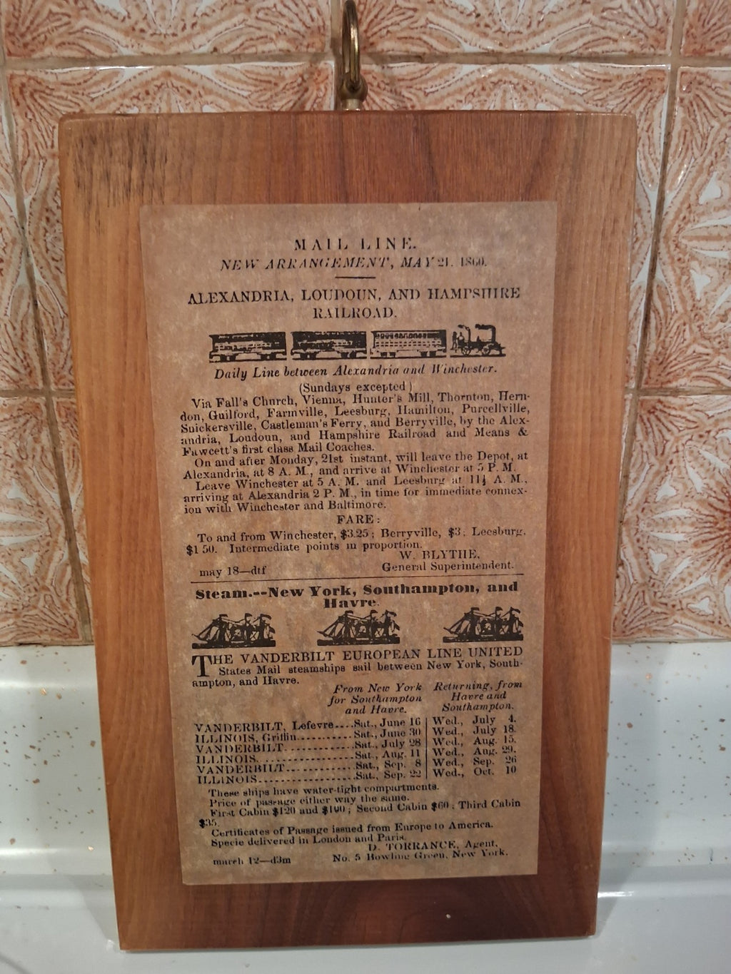 Alexandria Loudoun & Hampshire Railroad Wood Plaque DX4578 Falls Church VA