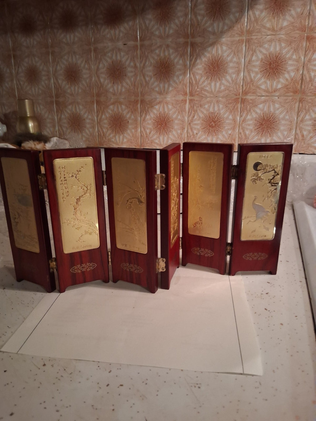  24K gold-plated miniature 6 panel folding screen with traditional Asian artwork