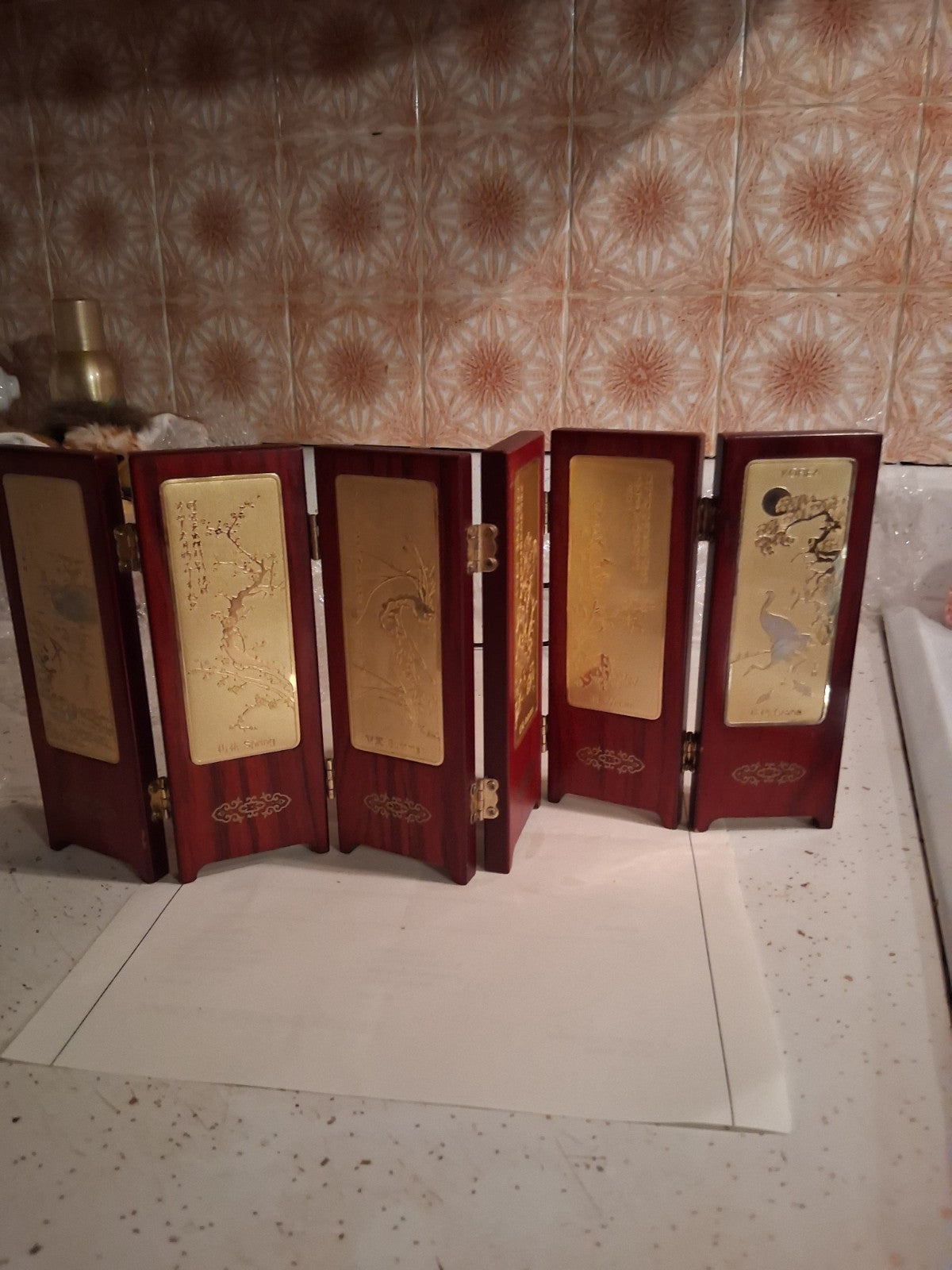  24K gold-plated miniature 6 panel folding screen with traditional Asian artwork