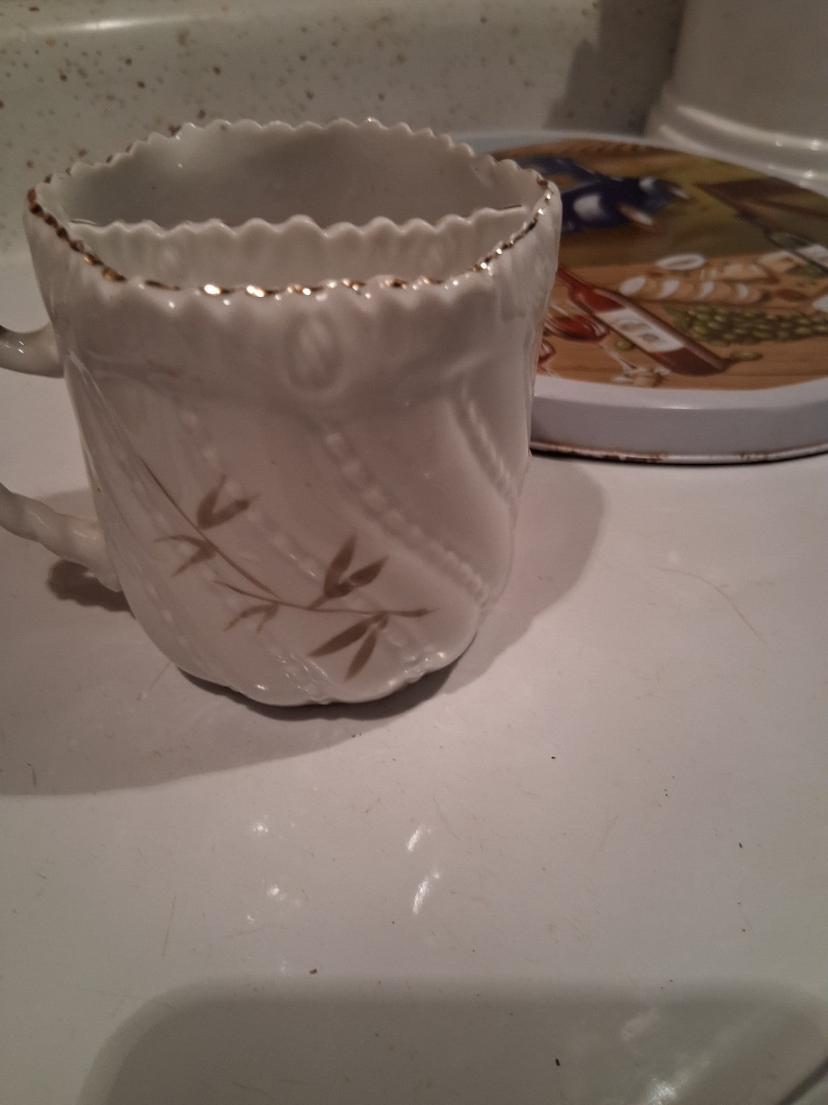 Antique Vintage Porcelain Mustache Cup Florals With Pink Border