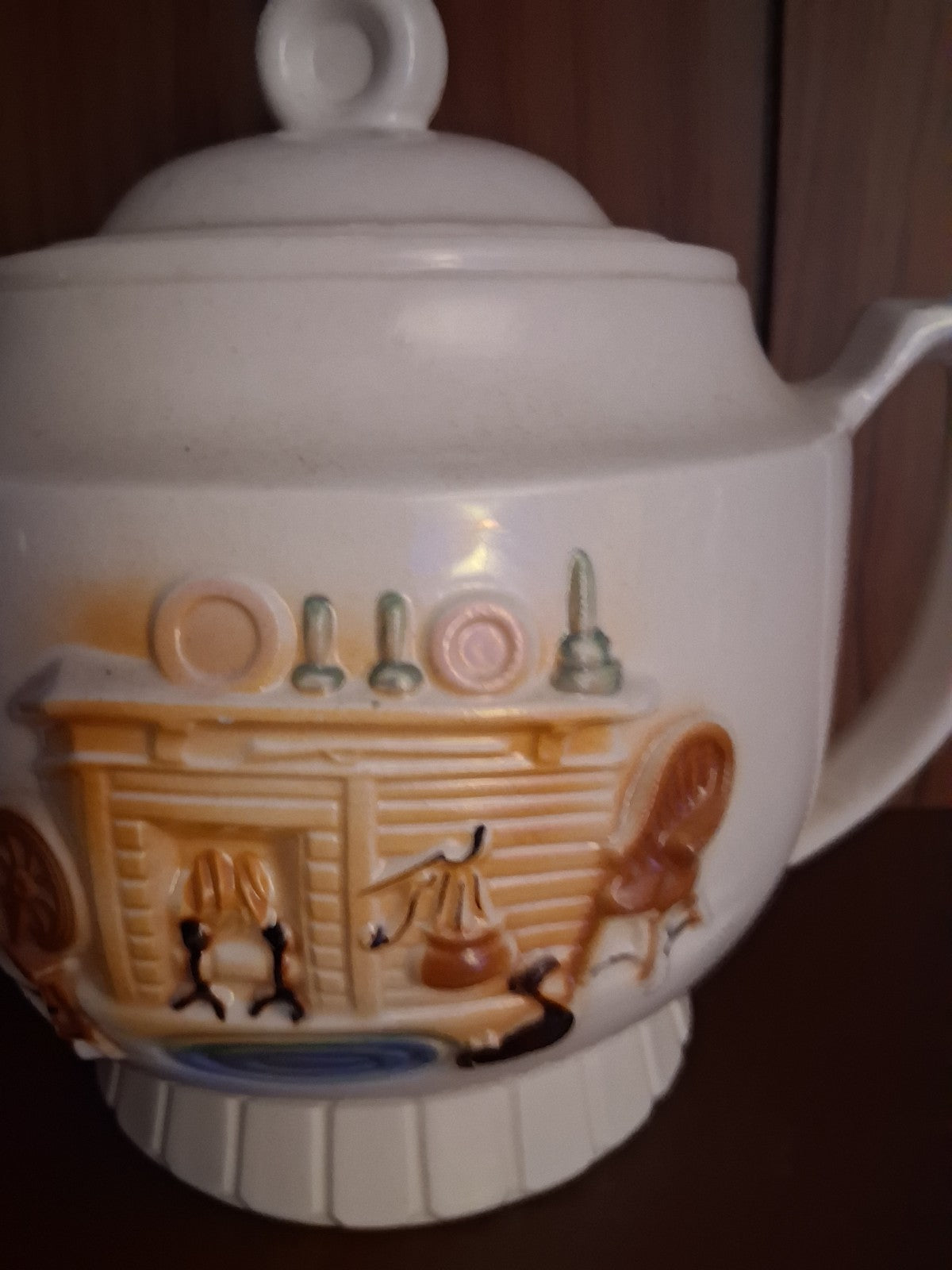 Vitreous china teapot with Colonial Hearth scene by Porcelier