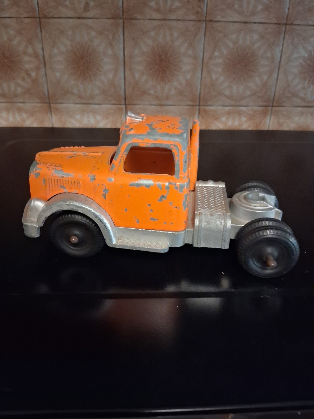 Hubley Vintage Kiddie Diecast Semi Tractor Cab Orange  construction vehicle 