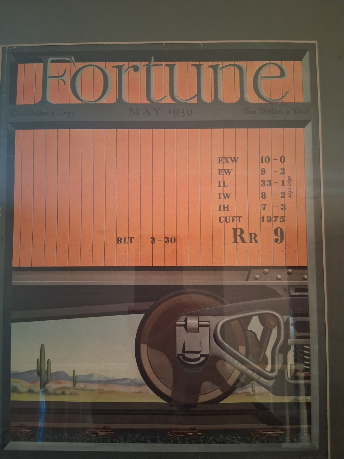 Framed Fortune Magazine cover from May 1939 featuring desert train illustration