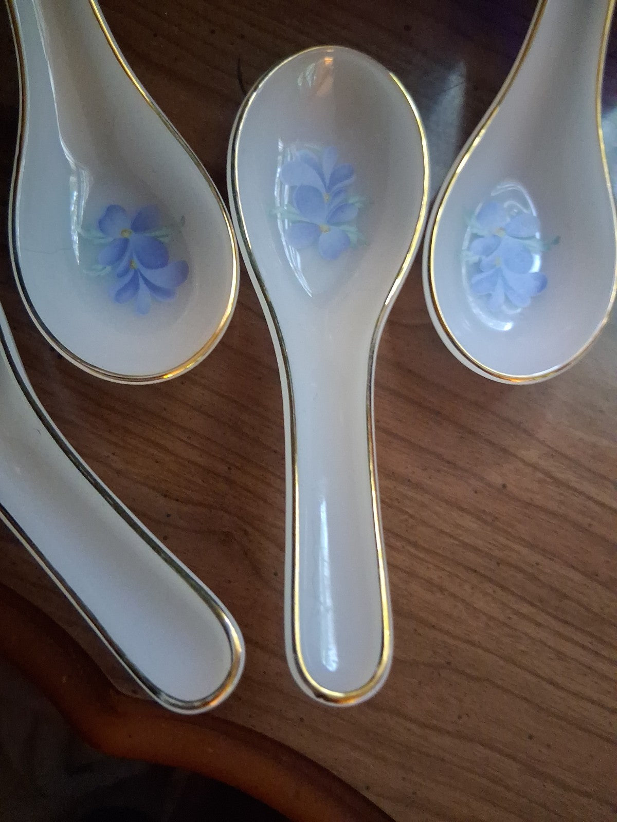 Chinese Soup Spoons Porcelain Gold Trim Floral Design Set of 4