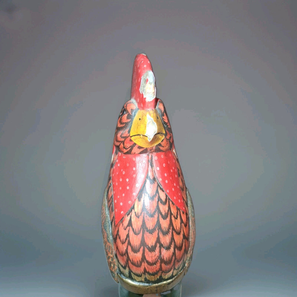 Handcarved wooden rooster figurine with batik-style painted decoration by Sejati