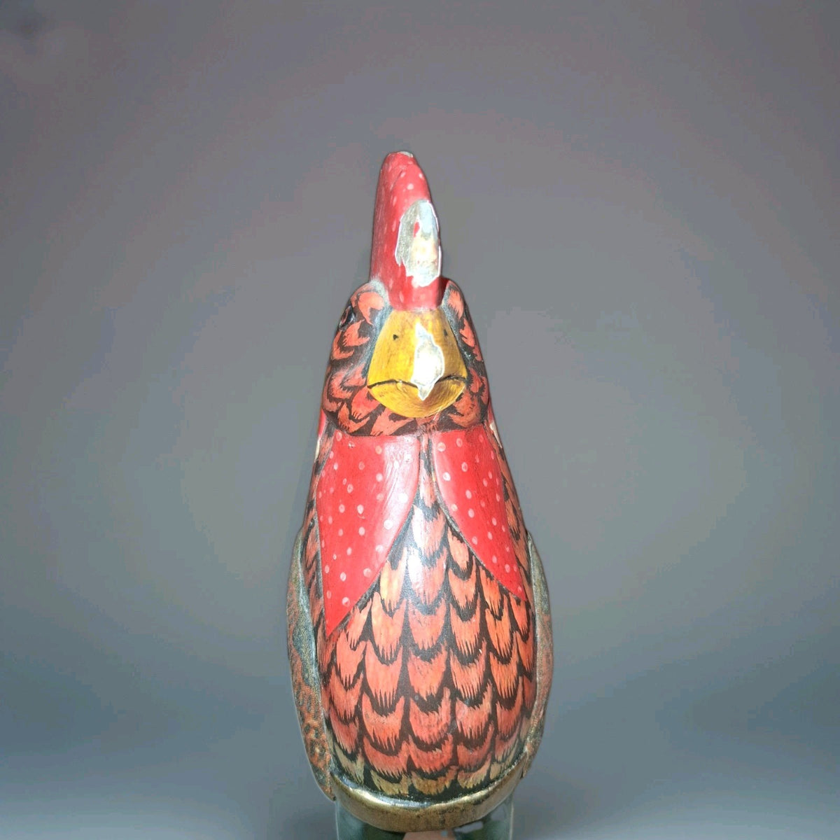 Handcarved wooden rooster figurine with batik-style painted decoration by Sejati