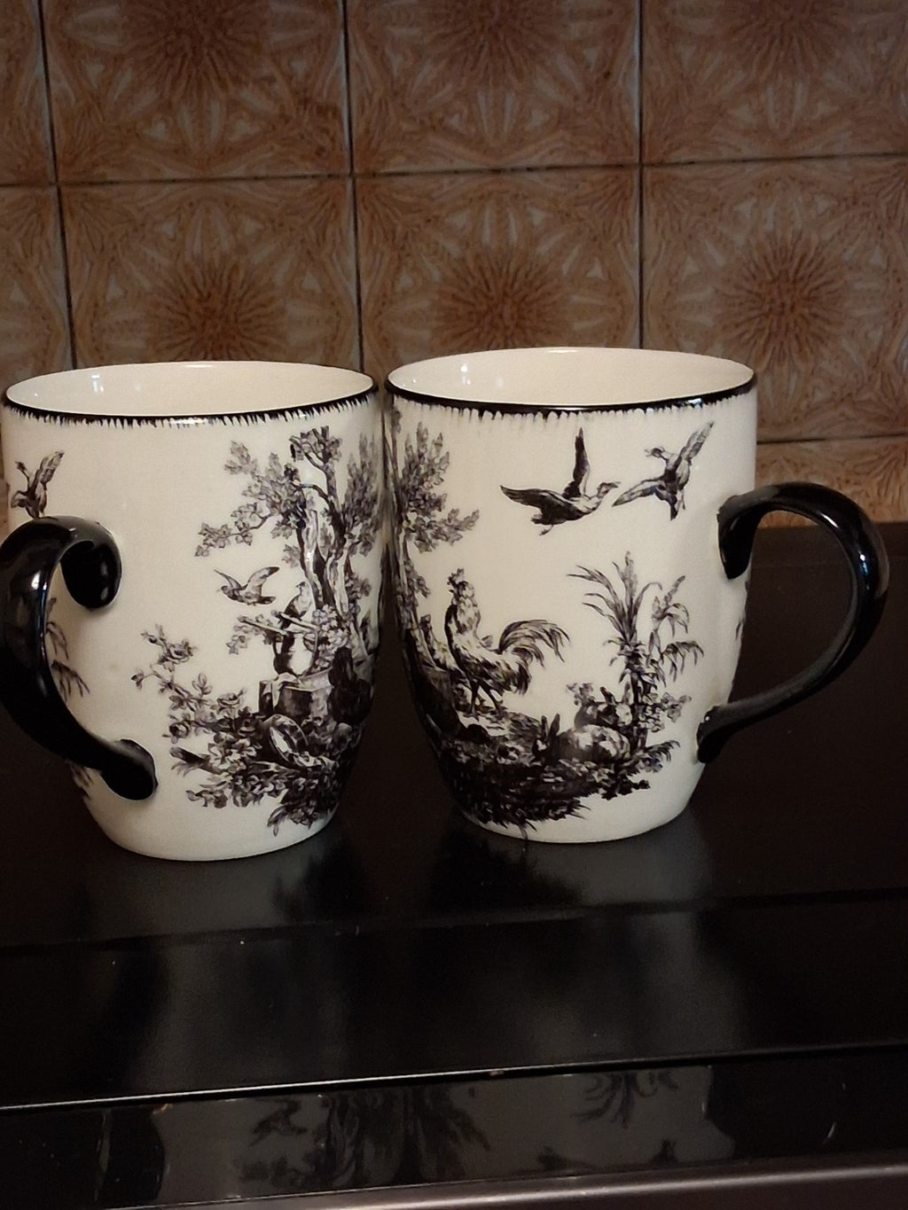 Ceramic mugs with black and white Toile de Jouy pattern by Aux Au Provence