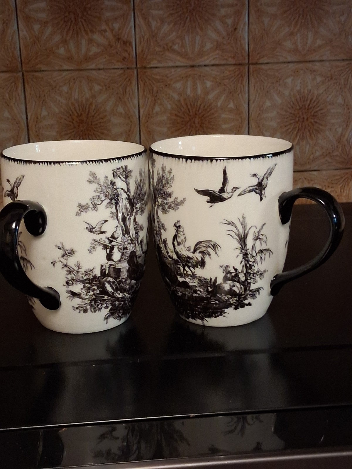 Ceramic mugs with black and white Toile de Jouy pattern by Aux Au Provence