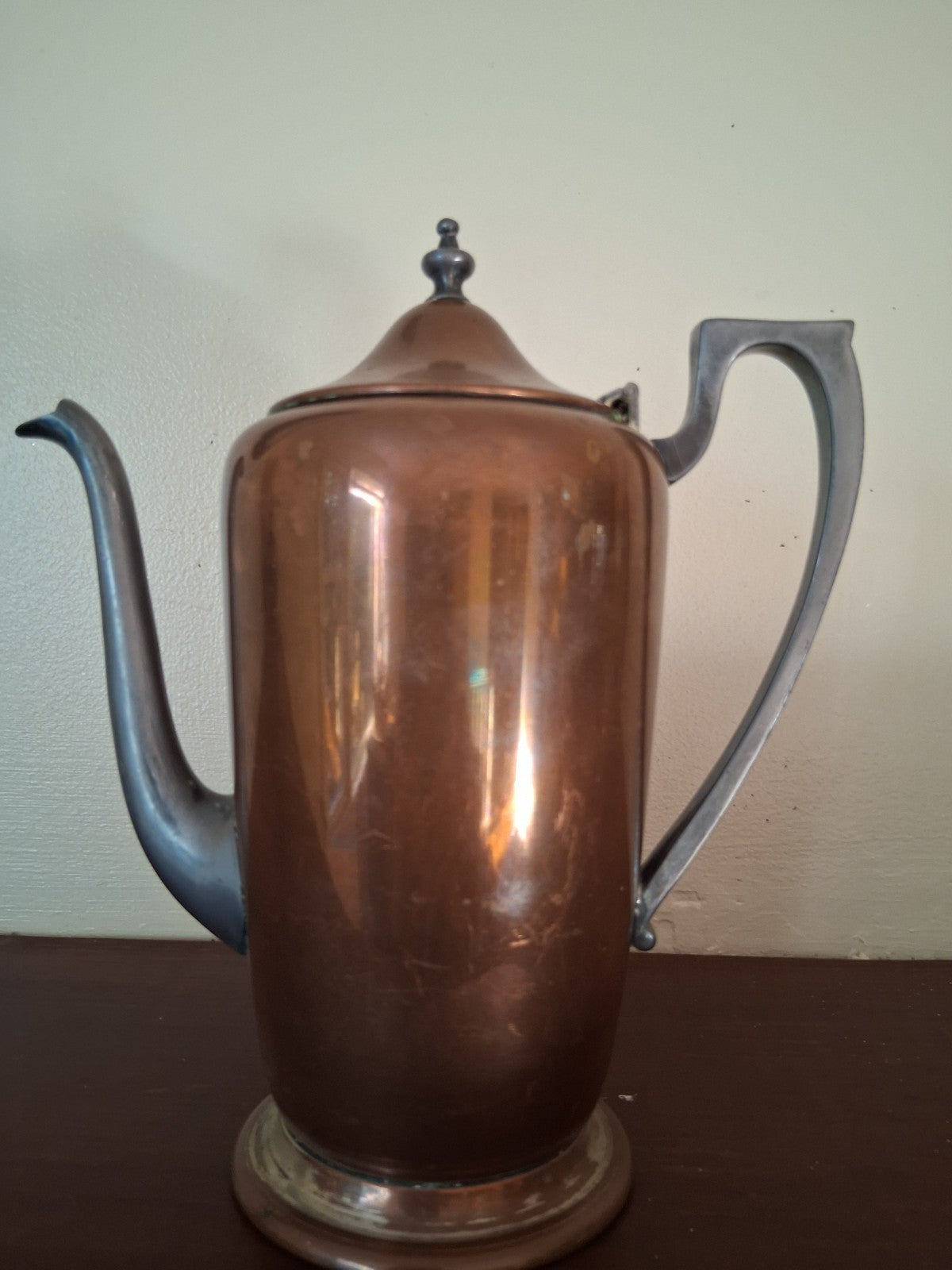 Copper coffee pot with ebonized wood handle and finial