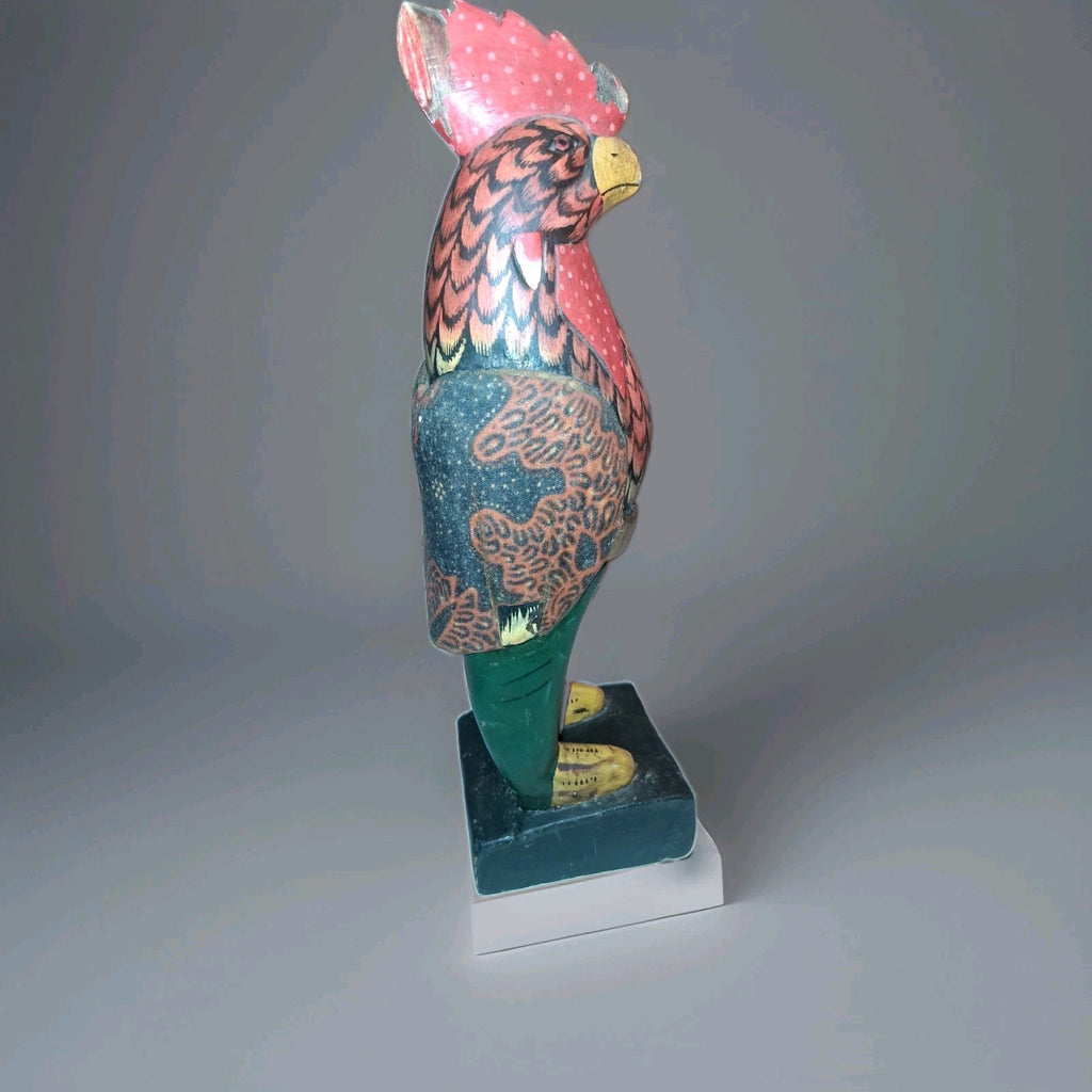 Handcarved wooden rooster figurine with batik-style painted decoration by Sejati