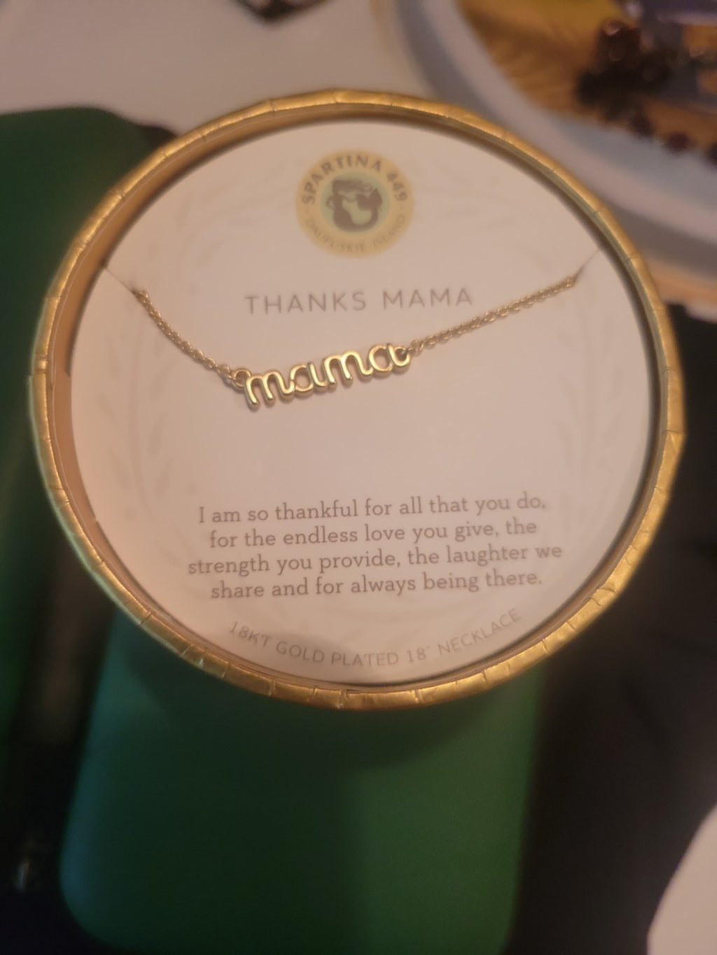 Gold-plated 18k necklace titled 'Thanks Mama/Script' by Spartina 449