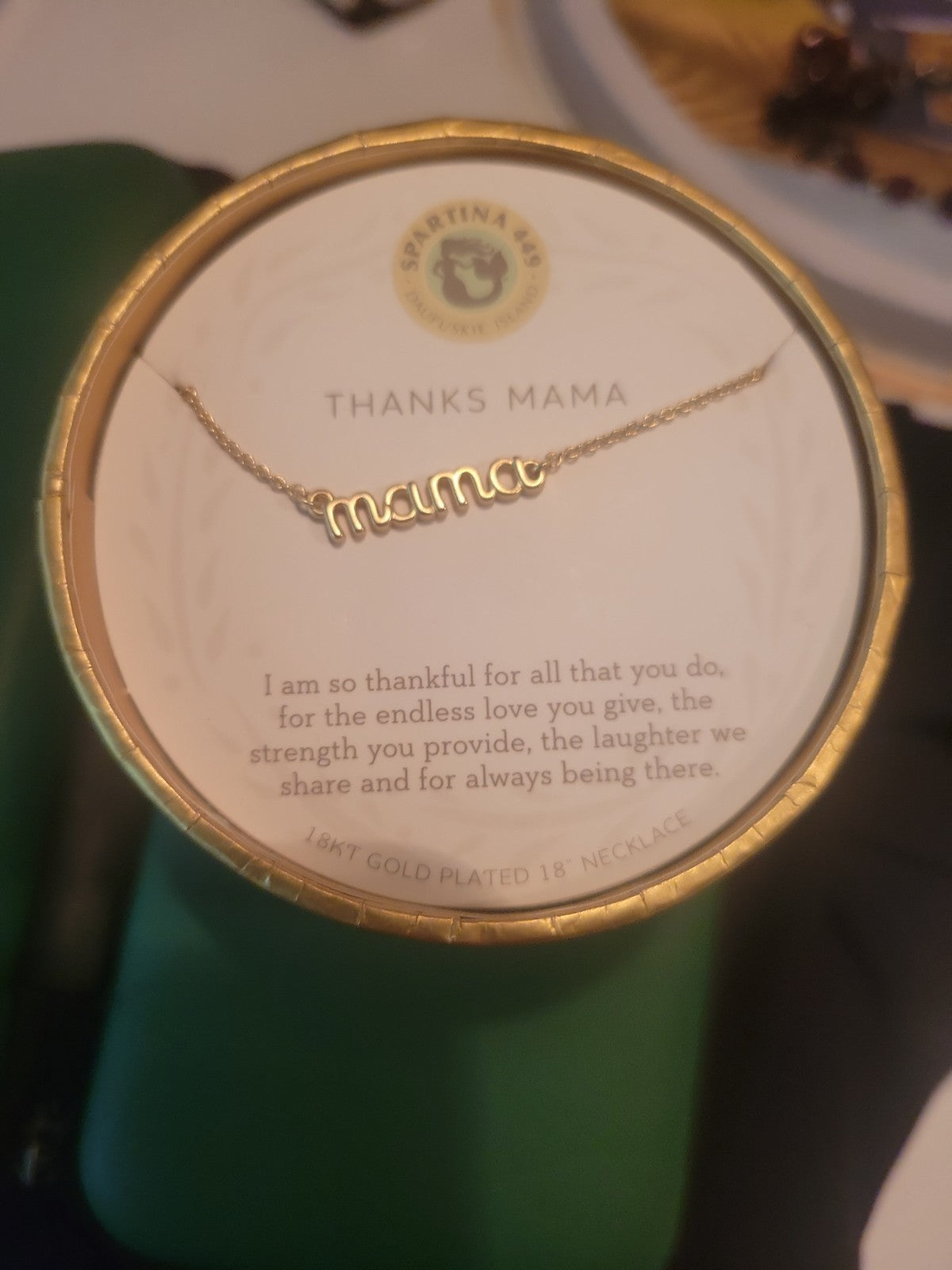 Gold-plated 18k necklace titled 'Thanks Mama/Script' by Spartina 449