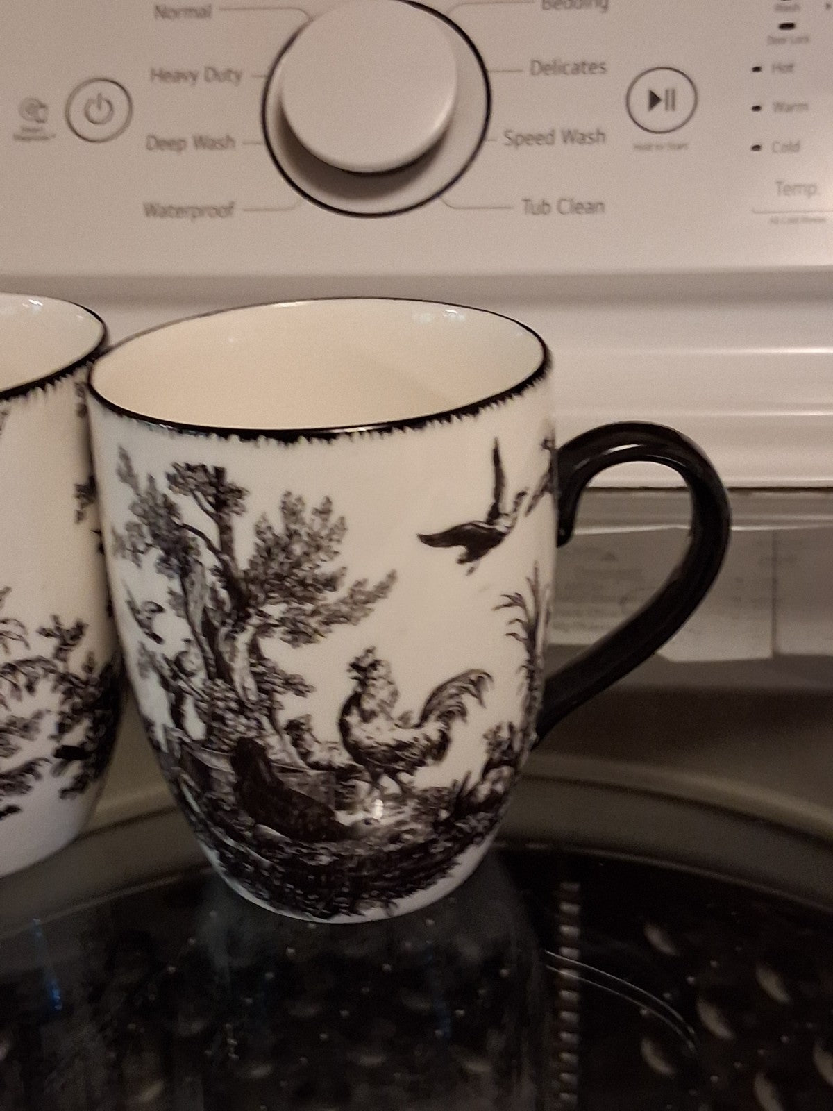 Ceramic mugs with black and white Toile de Jouy pattern by Aux Au Provence