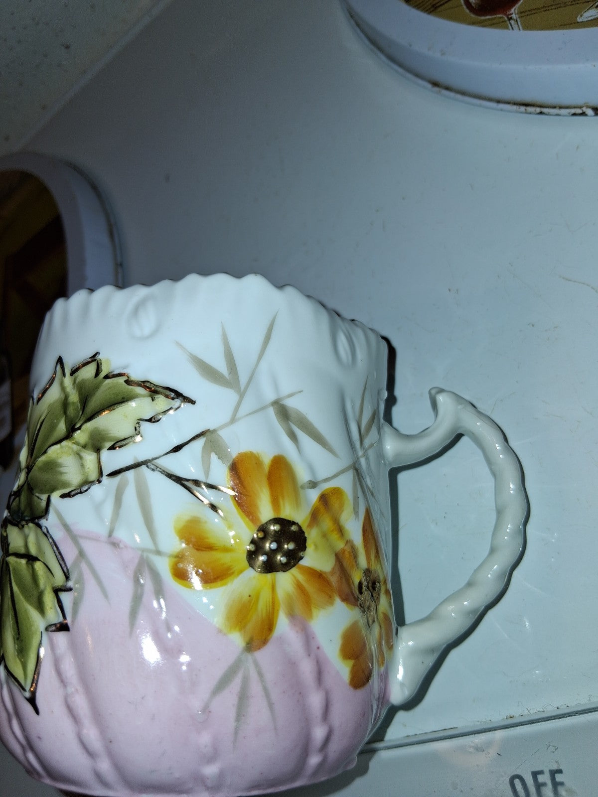 Antique Vintage Porcelain Mustache Cup Florals With Pink Border