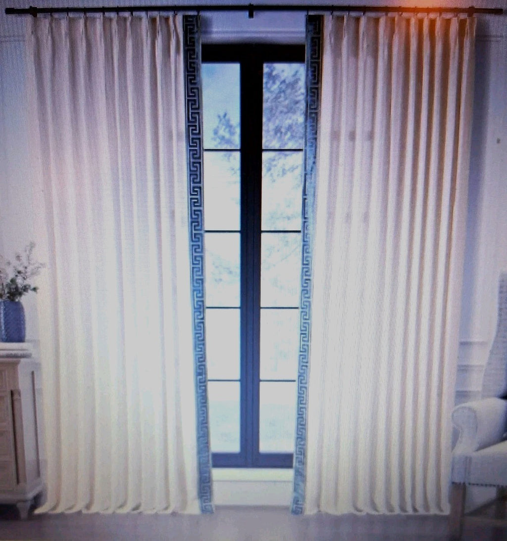 TWOPAGES Linen Greek Key Trim Pinch Pleat Curtain Panels 52x84 Light Block 1 set