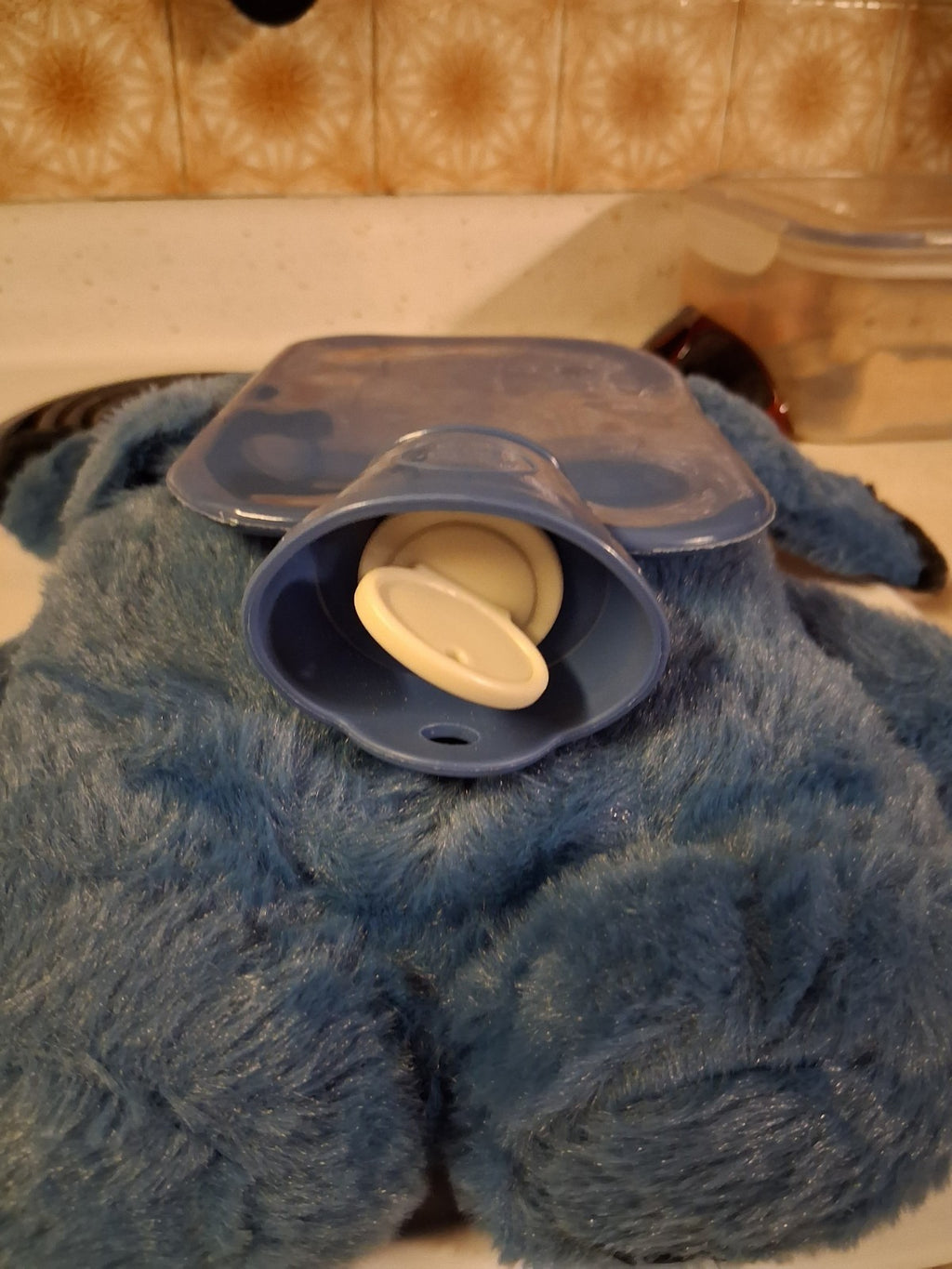 Blue Animal Hot Water Bottle & Faux Fur Cover Set, Plastic Bottle, Screw Lid