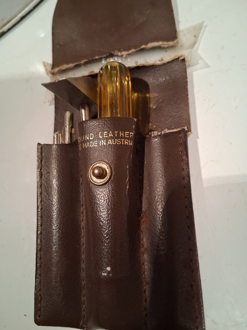 Leather tool pouch labeled 'Mini-Tools' made in Australia