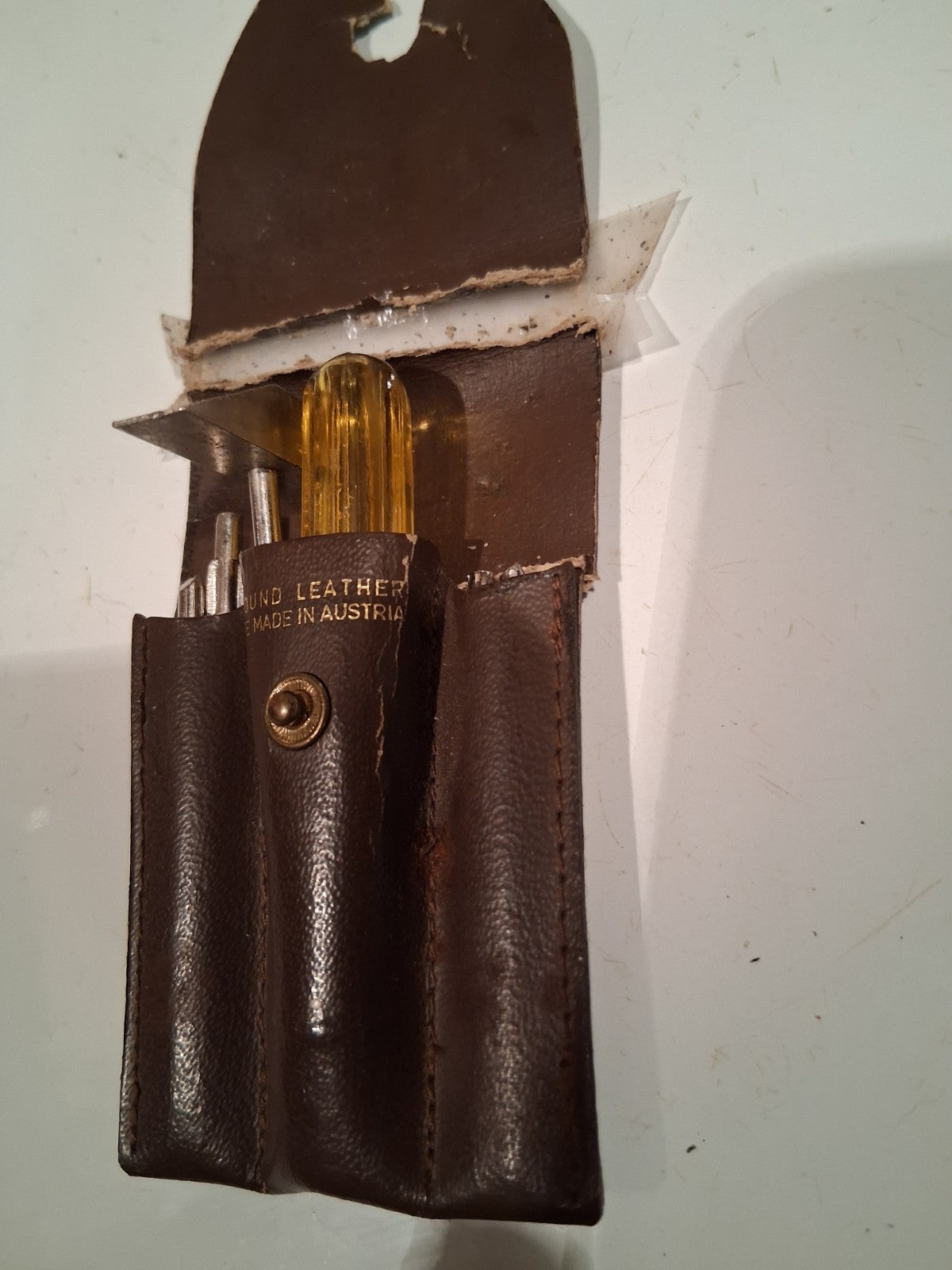 Leather tool pouch labeled 'Mini-Tools' made in Australia