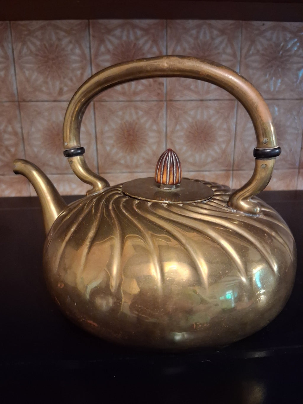 Antique 1900 Brass teapot with swirled design attributed to Gorham