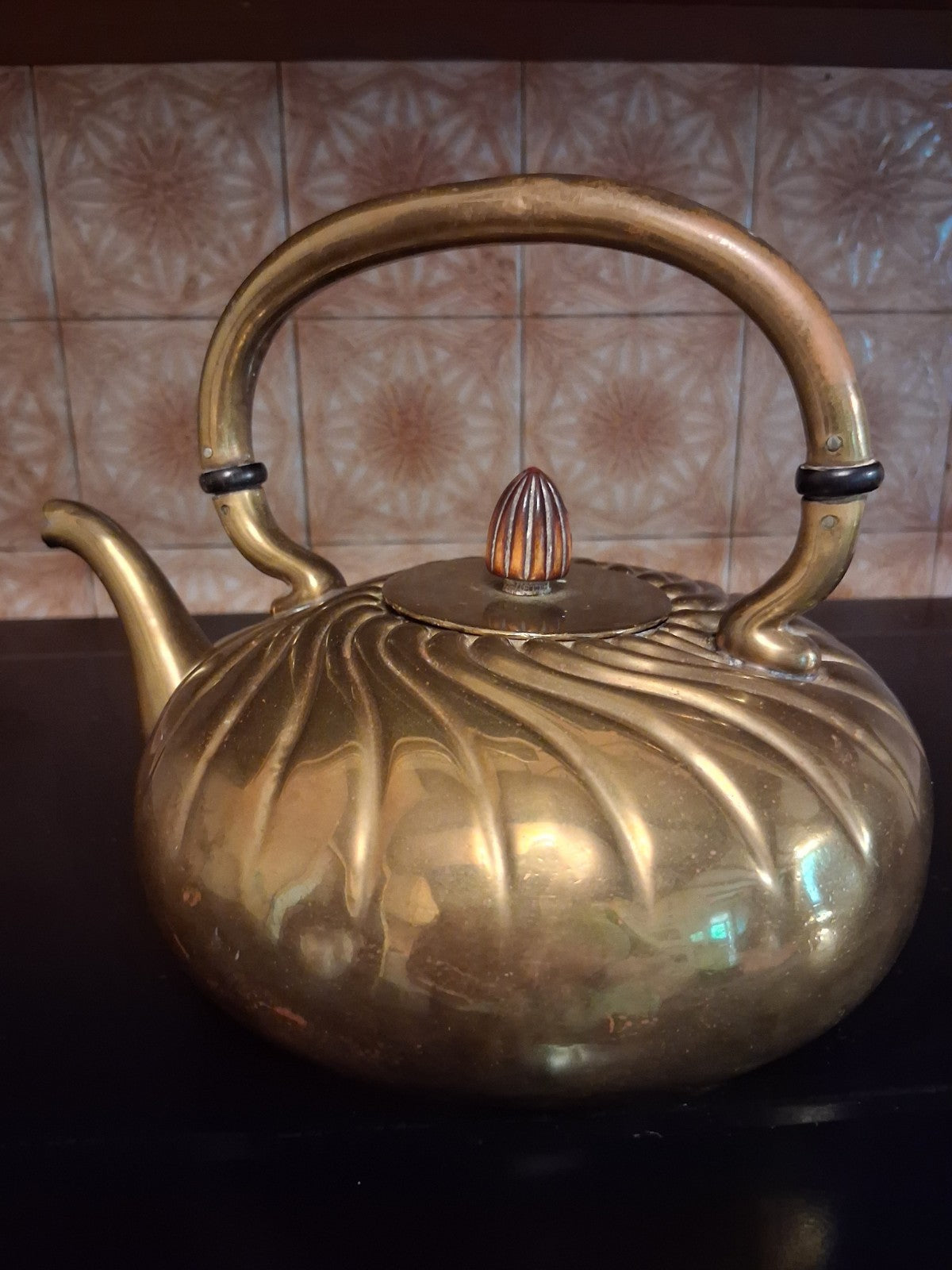 Antique 1900 Brass teapot with swirled design attributed to Gorham